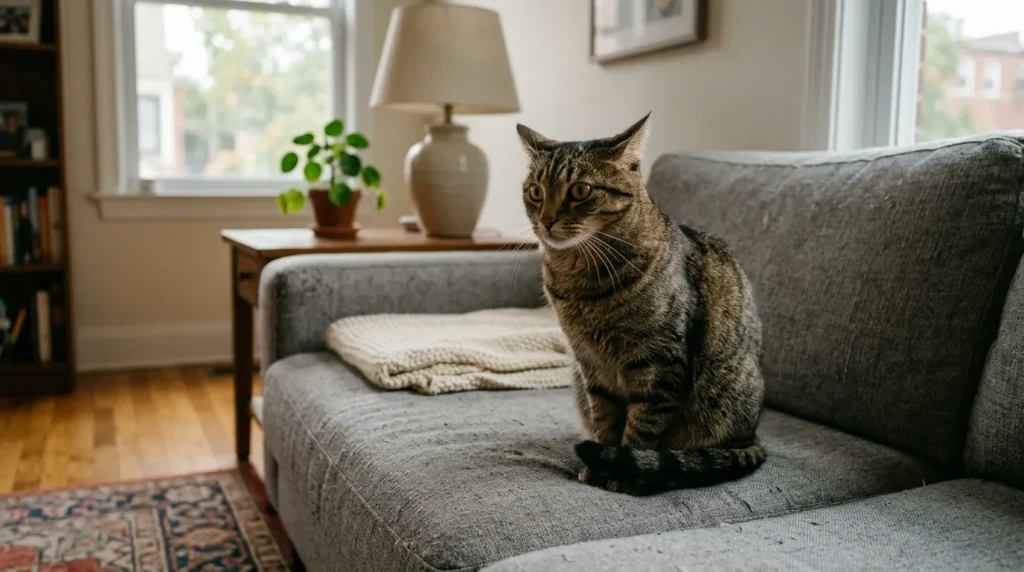 why cats hate being touched — touch-averse cat sitting stiffly with ears back on apartment couch