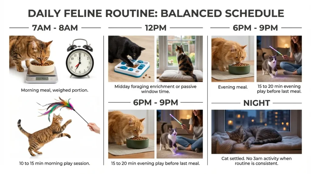 how to keep cat happy studio apartment — realistic infographic showing a complete daily routine for an apartment cat from morning to evening