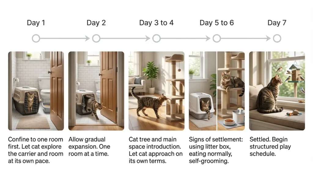 how to have a cat in an apartment first week — realistic infographic showing day by day cat introduction steps for small space