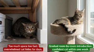 new cat first week in apartment — anxious cat hiding under bed versus settled cat sitting confidently on cat tree after gradual introduction