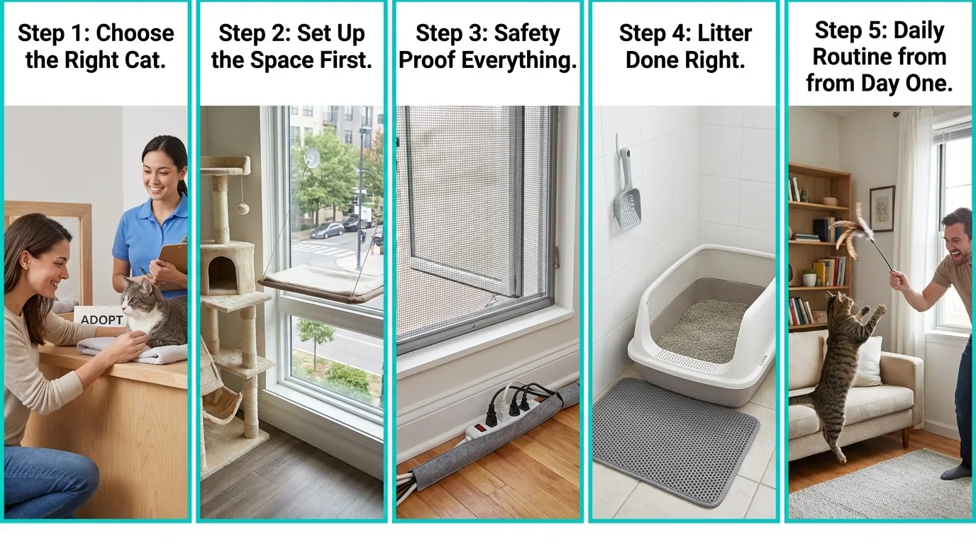 how to have a cat in an apartment — realistic infographic showing 5 steps including choosing the right cat preparing the space safety proofing litter setup and daily routine