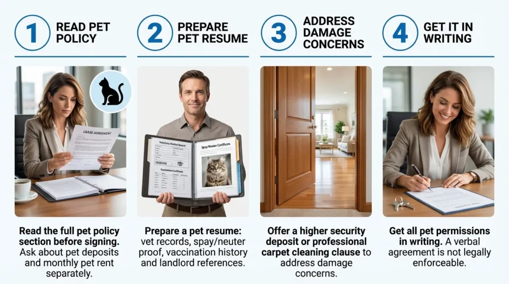 how to have a cat in an apartment landlord and lease — realistic infographic showing pet policy negotiation steps and renter documentation for cats