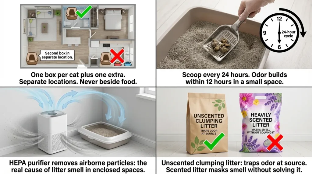 how to get rid of cat smell in apartment — realistic infographic showing correct litter placement daily maintenance and odor control system