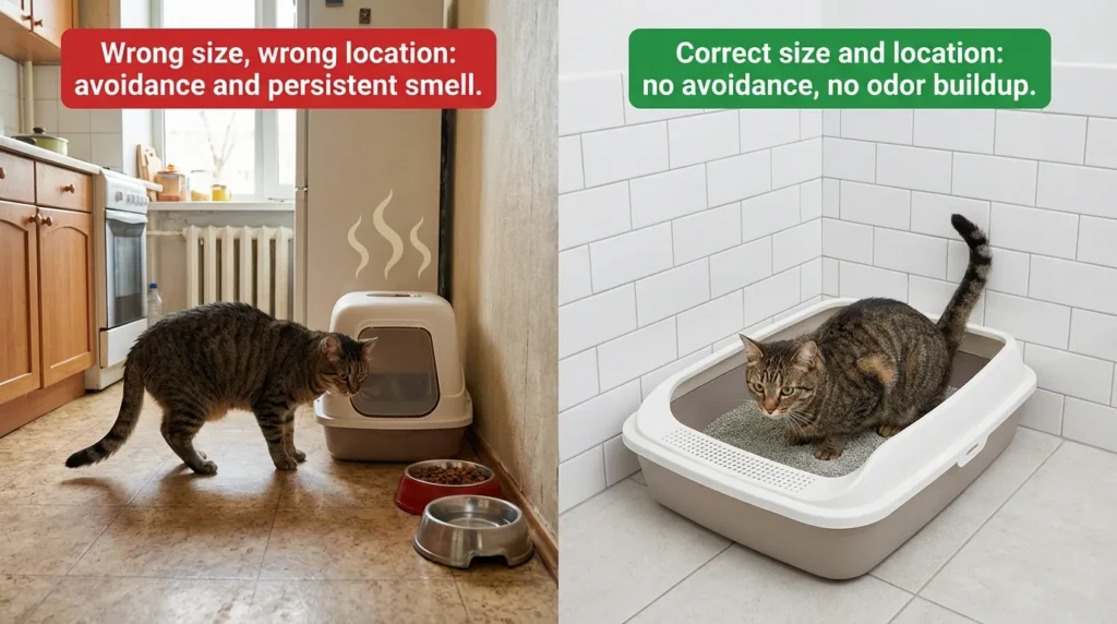 apartment litter box mistake — small covered litter box beside food bowl in a narrow apartment kitchen versus large open box in a separate bathroom location