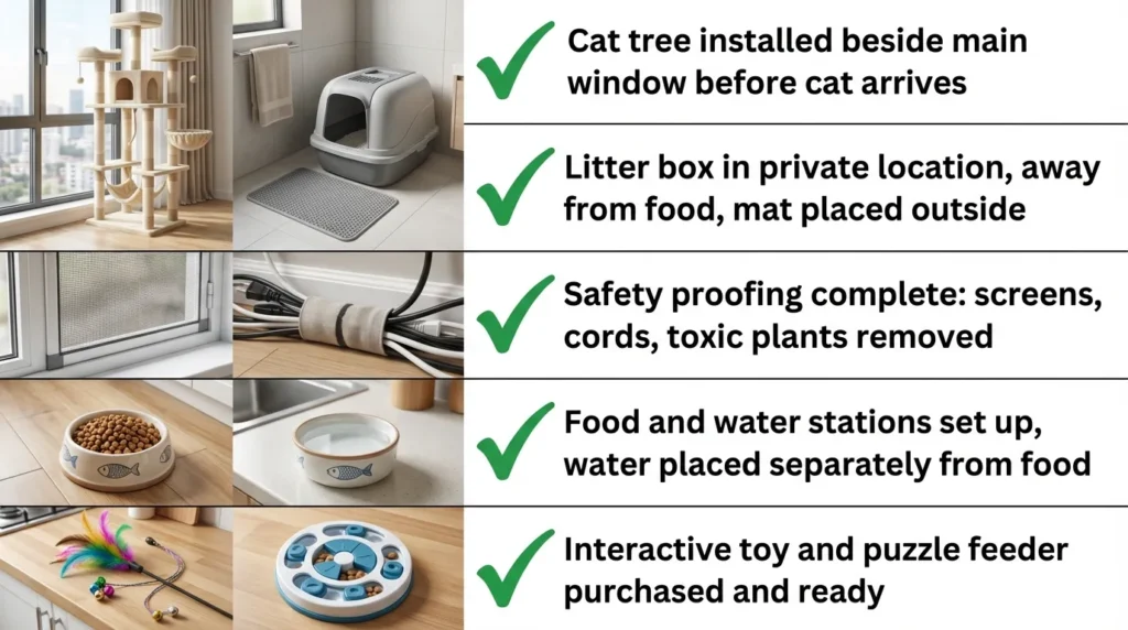 how to have a cat in an apartment preparation — realistic infographic showing a pre-arrival checklist with 5 setup items for an apartment 