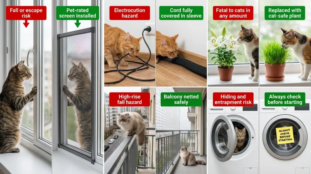 apartment cat proofing checklist — realistic infographic showing 5 safety hazards in apartments with problem and solution side by side for each