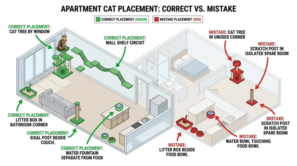 how to set up cat space in small apartment — realistic infographic showing correct apartment layout with furniture placement and common mistakes marked