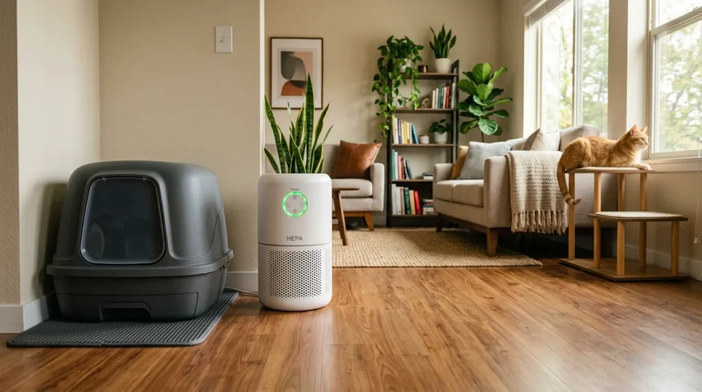 keep apartment clean with cat air quality — HEPA air purifier running near a litter box station in a small apartment showing odor and dander control at the source