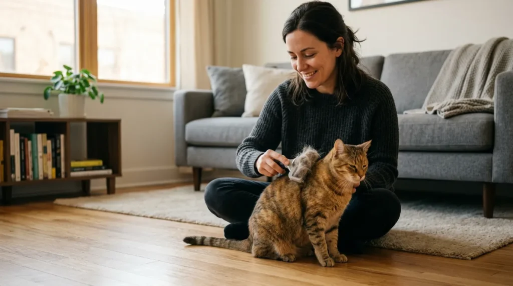 keep apartment clean with cat brushing — owner brushing a cat on a clean apartment floor with a visible pile of collected shed fur showing interception before it spreads