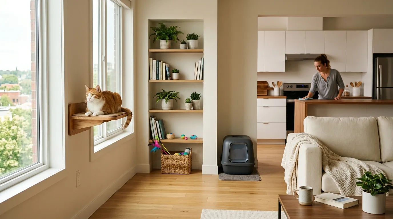 how to keep apartment clean with cat — spotless bright apartment with a cat on a clean perch showing the achievable clean small space with a well-managed cat