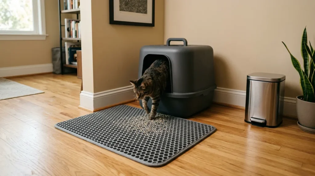 how to keep apartment clean with cat litter management — litter mat under a covered litter box in a clean apartment corner showing contained litter tracking