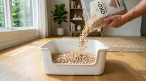 low tracking cat litter types — pellet style litter poured into a clean litter box showing low scatter alternative to fine clay in small apartments