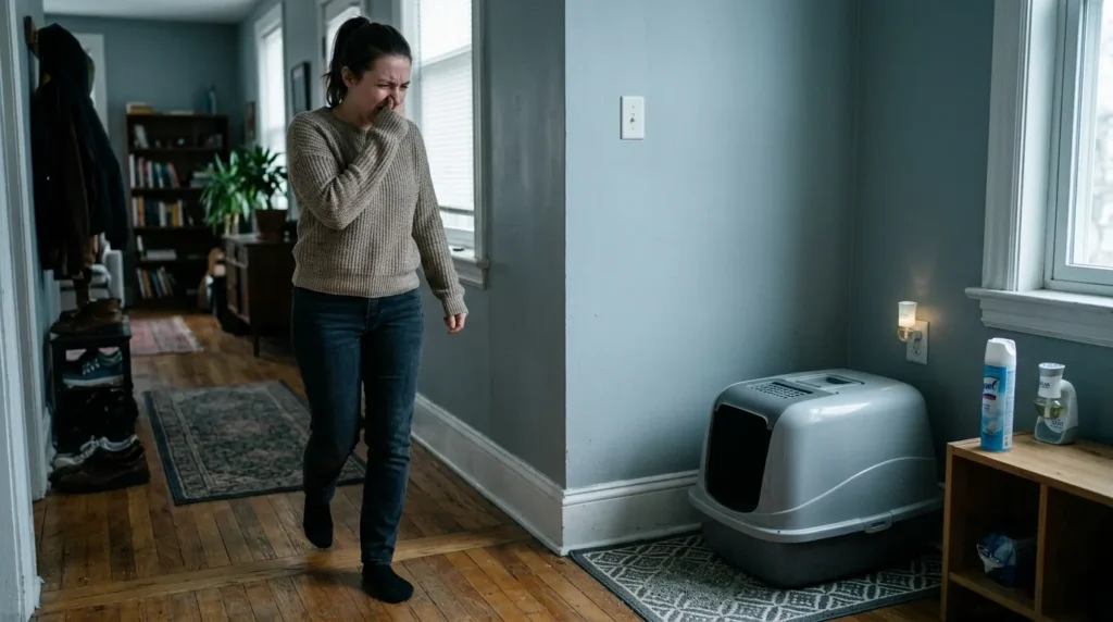 keep apartment clean with cat mistake — covered litter box being used to mask odors rather than eliminated through daily scooping showing the wrong approach to litter odor 