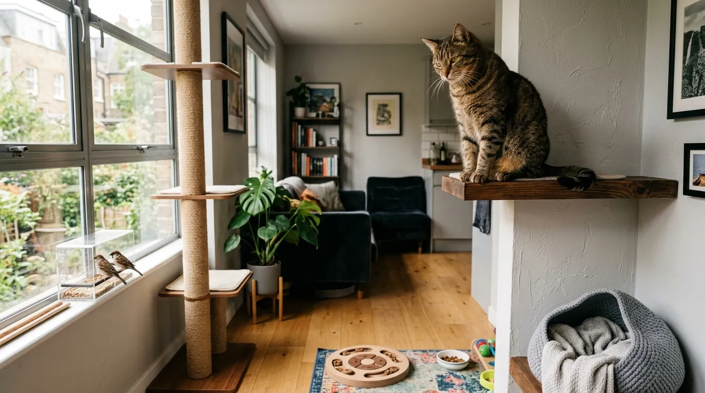 how to keep a cat happy in a studio apartment — contented cat on a wall-mounted shelf surveying a small but well-designed studio apartment with vertical climbing routes and a window perch