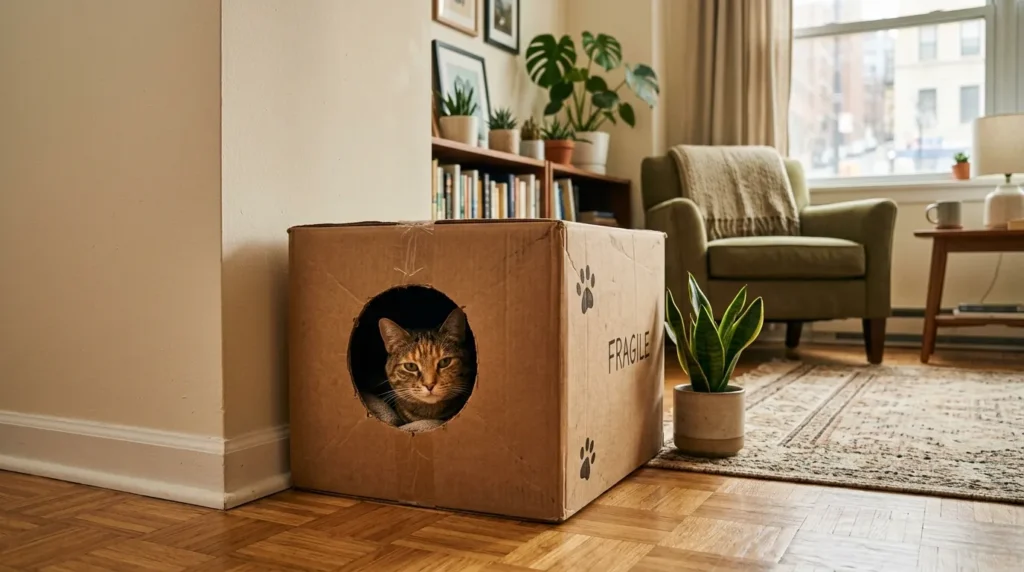 studio apartment cat hiding spot — cat settled contentedly inside a cardboard box tucked in a studio apartment corner showing low-cost security zones in small spaces