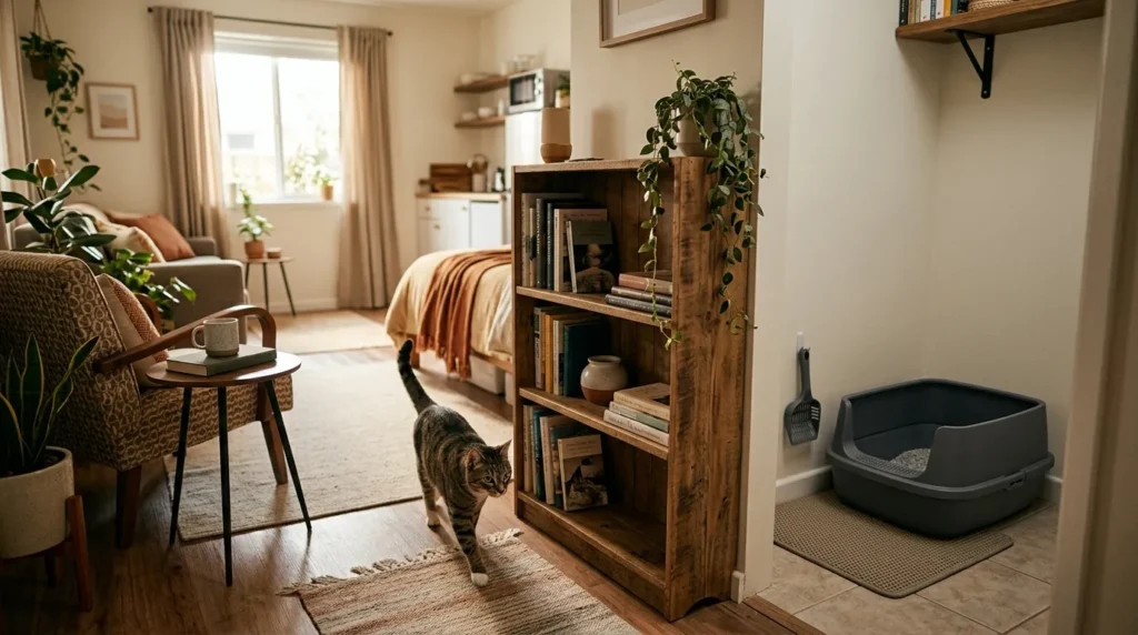 studio apartment cat litter box placement — litter box positioned behind a room divider in a small studio creating visual separation without wasting floor space
