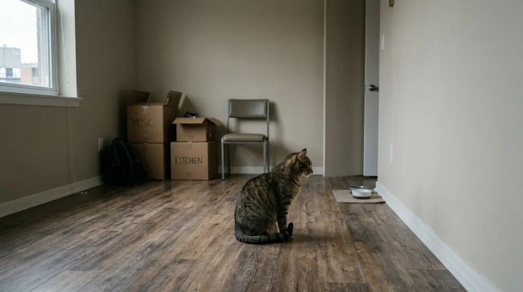 studio apartment cat mistake — bored cat staring at bare wall in an unstimulating studio apartment showing what under-enriched small-space living looks like