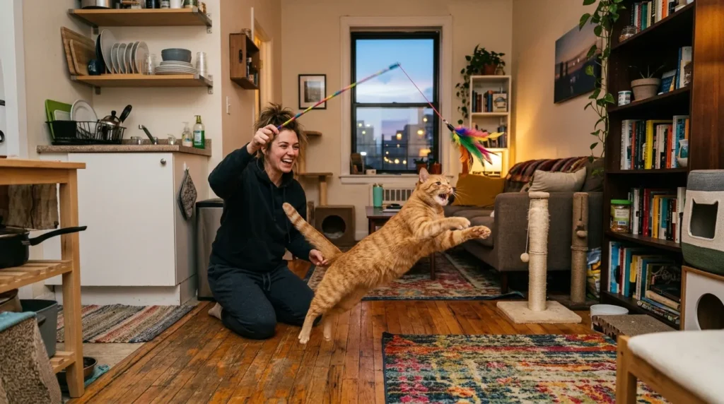 studio apartment cat play schedule — owner and cat in an intense evening wand toy session in a small studio showing how structured daily play transforms small-space cat welfare