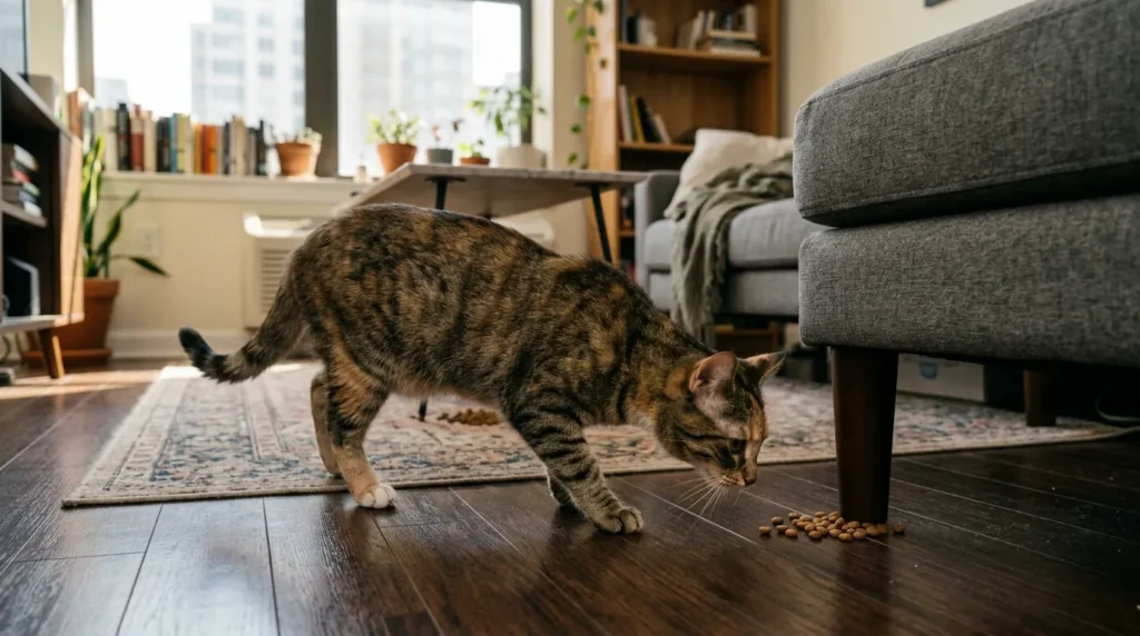 studio apartment cat scatter feeding — cat hunting for kibble hidden in three different spots around a small studio apartment showing foraging movement in a compact space