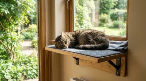 studio cat wall shelf installation — close-up of wall-mounted cat shelf at window height showing how vertical space integrates with the window view