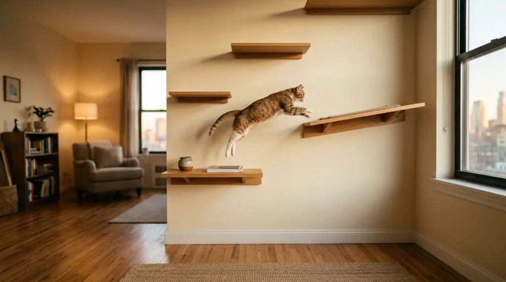 studio apartment cat vertical space — cat moving between wall-mounted floating shelves at different heights in a small apartment showing vertical territory use