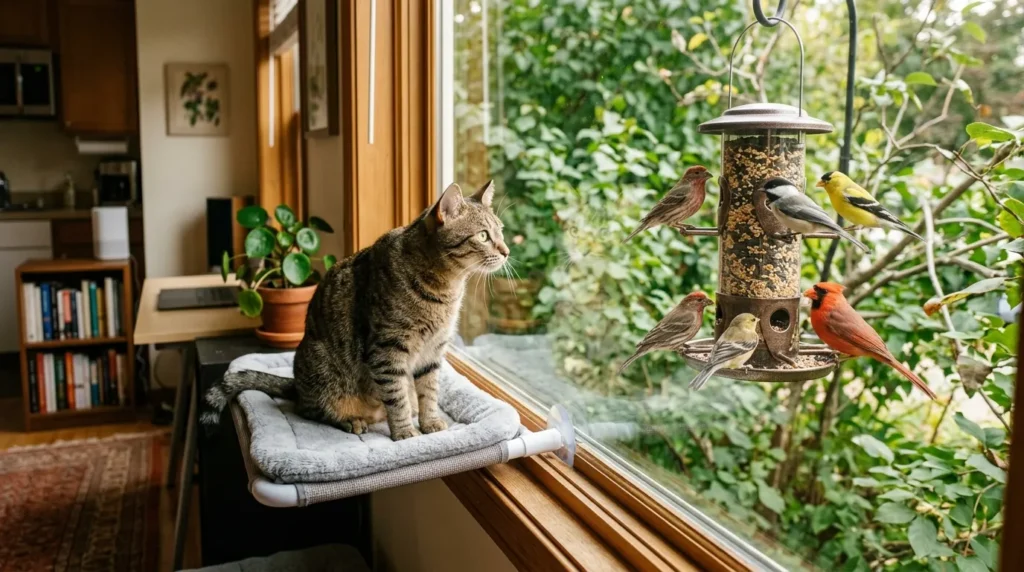 studio cat window enrichment — cat on a window perch watching a bird feeder directly outside the studio apartment glass showing passive all-day stimulation