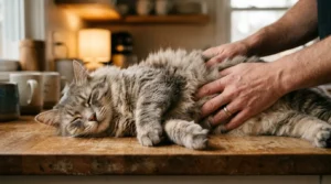 body condition score for cats — hands feeling cat's ribs to assess indoor cat healthy weight 
