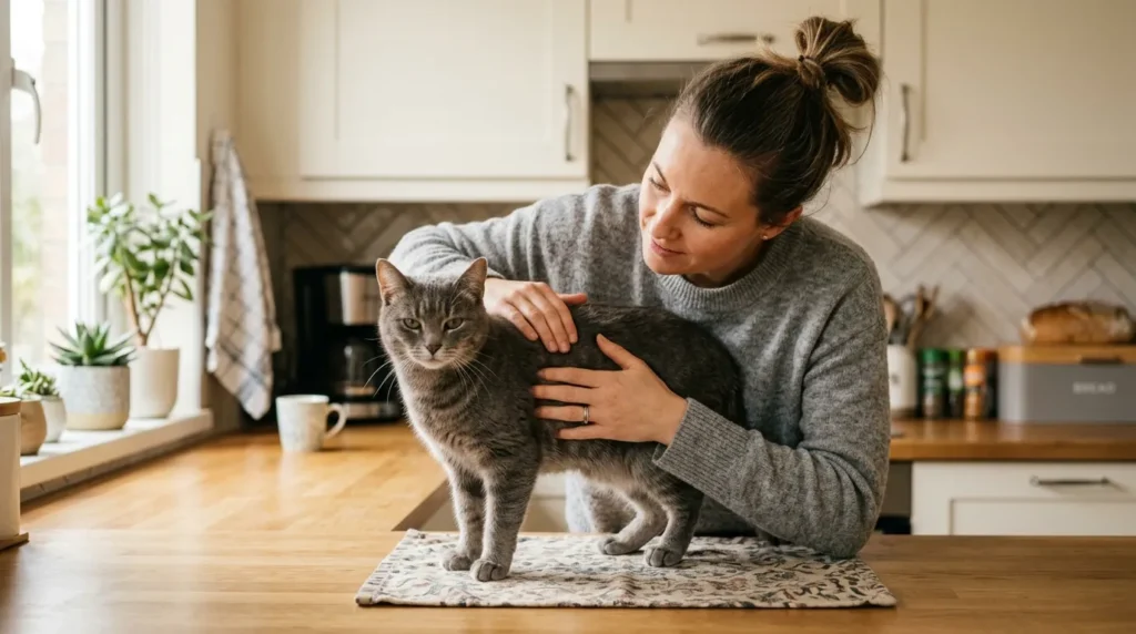 indoor cat body condition score — owner feeling cat's ribs to assess healthy weight at home
