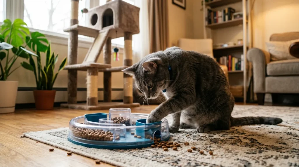 indoor cat puzzle feeder weight management — gray cat pawing at kibble through puzzle feeder holes