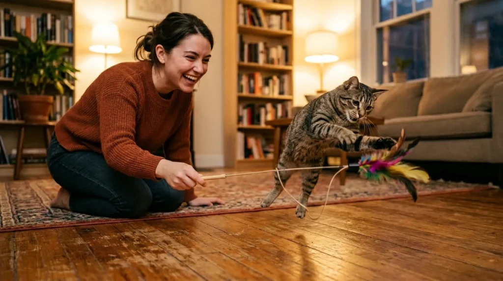 indoor cat exercise for healthy weight — owner playing with tabby cat using feather wand toy