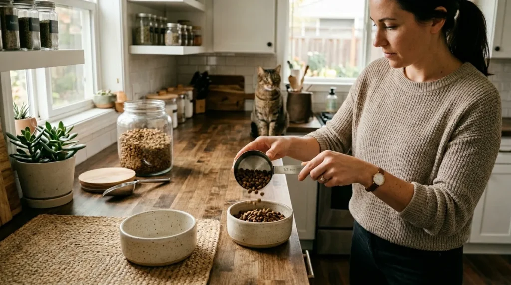 indoor cat portion control — owner measuring precise kibble amount into ceramic bowl