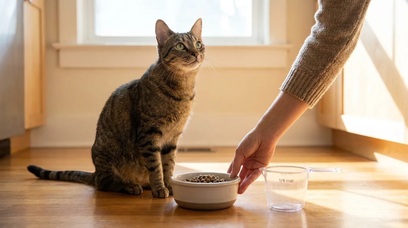 how to keep indoor cat at healthy weight — owner placing measured food in bowl for lean tabby cat