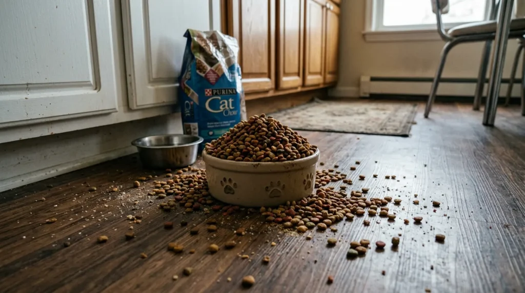  indoor cat free feeding mistake — overflowing dry food bowl left out all day in apartment kitchen