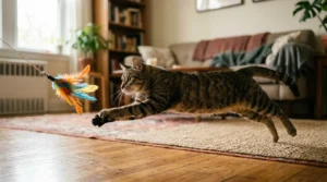 indoor cat active play — tabby cat leaping to catch feather toy during daily exercise session
