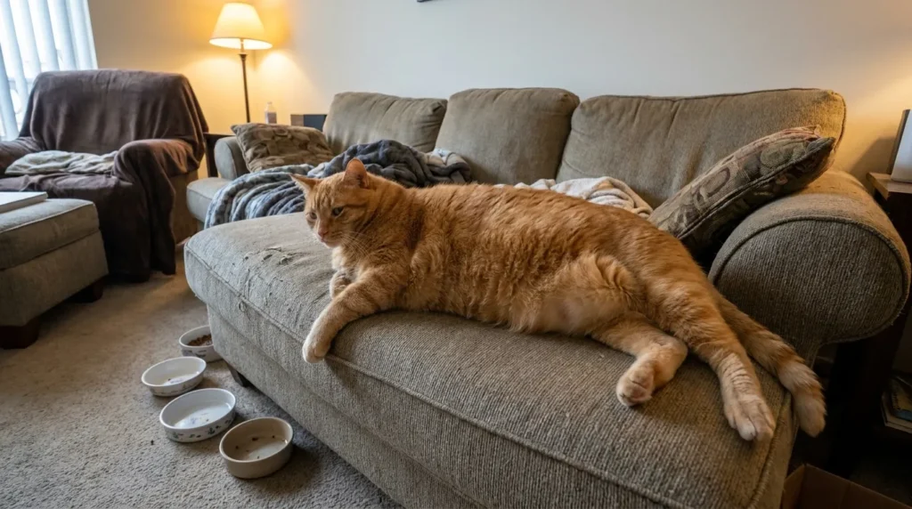 why indoor cats gain weight — overweight orange tabby lying on couch in unstimulating apartment