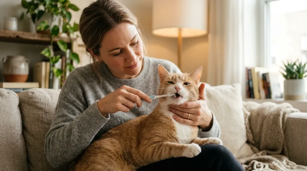 indoor cat dental health — owner gently brushing a cat's teeth in a calm apartment setting