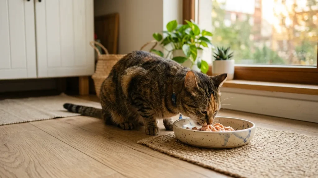 how to keep indoor cat healthy diet — cat eating from a shallow ceramic bowl on a clean apartment kitchen floor