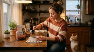 indoor cat healthy diet portion — owner measuring cat food portions into a bowl on kitchen counter 