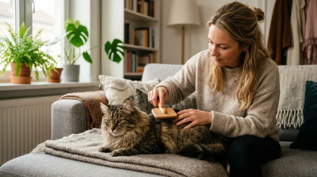 indoor cat grooming health check — owner brushing a long-haired cat while checking its coat and skin condition