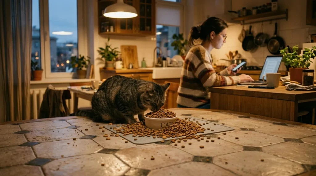 indoor cat health mistakes — cat eating from an overflowing food bowl with owner unaware of overfeeding