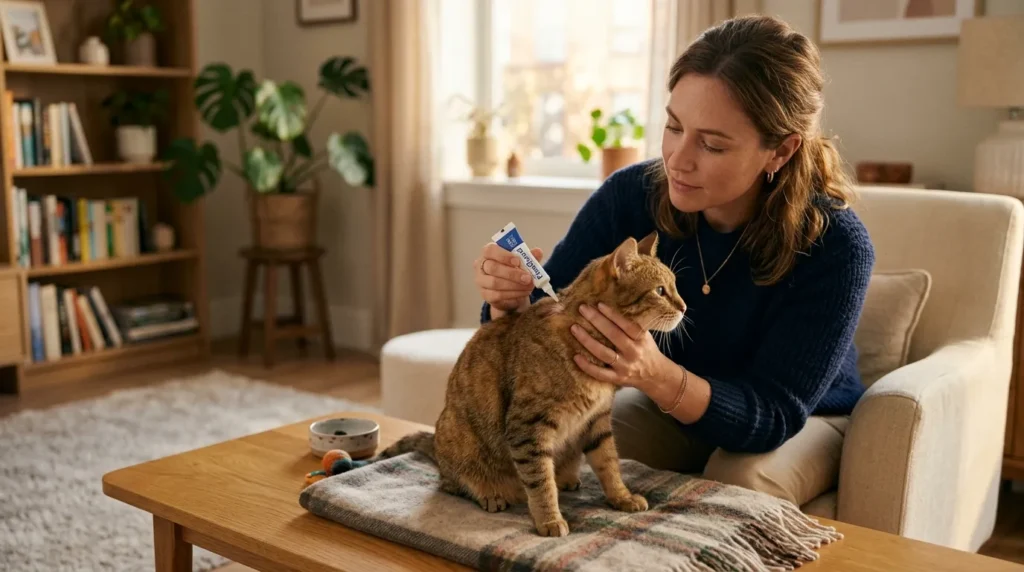  indoor cat parasite prevention — owner applying monthly flea prevention treatment to a cat in an apartment