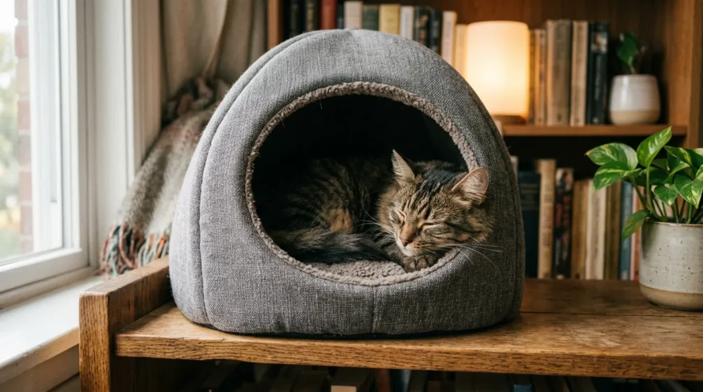indoor cat stress reduction — calm cat resting in an enclosed cat bed in a quiet corner of an apartment