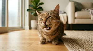 indoor cat dental care — cat chewing a dental treat designed to reduce tartar buildup