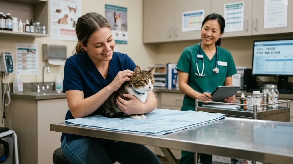 indoor cat health vet visit — owner holding a calm cat during an annual checkup at a veterinary clinic