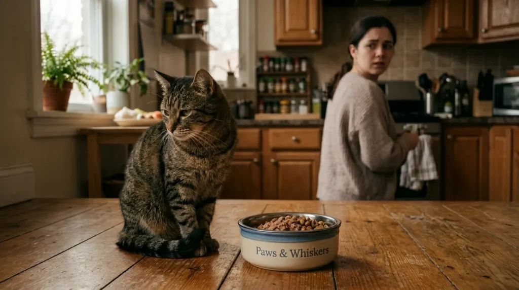 indoor cat health warning signs — owner noticing a cat refusing food beside an untouched bowl in a worried apartment scene