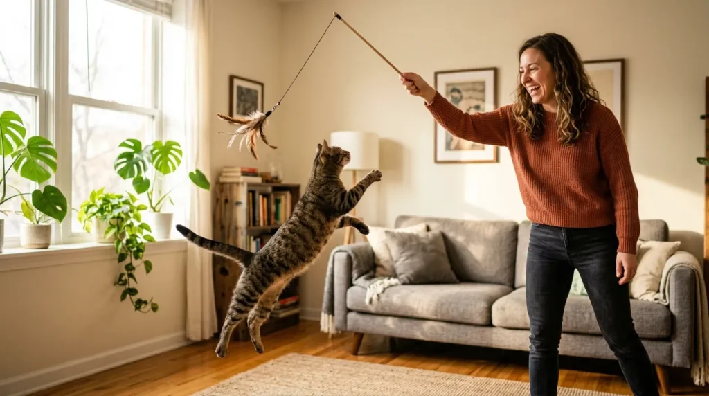 indoor cat healthy weight exercise — owner playing active wand toy game with cat in apartment living room