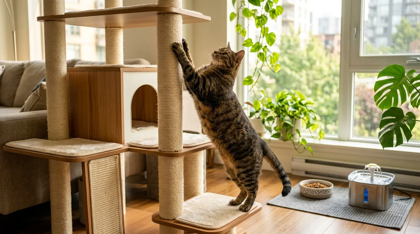 how to keep indoor cat healthy — healthy happy cat stretching on a cat tree in a bright well-setup apartment