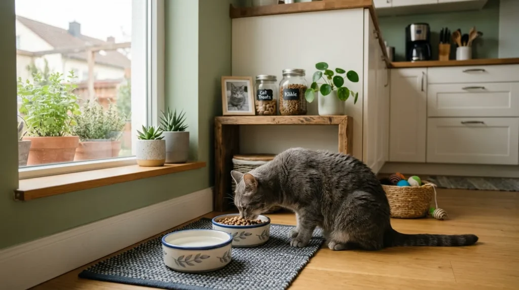 cat friendly home feeding station — gray cat eating from a ceramic bowl at a dedicated feeding station in apartment kitchen