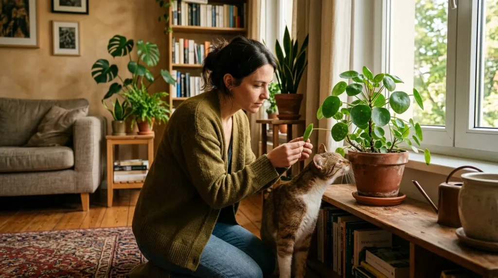 cat friendly home hazard check — cat sniffing near a houseplant in an apartment while owner checks for toxic plants