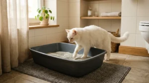 cat friendly home litter box setup — white cat using a large open litter box in a quiet apartment bathroom corner 